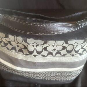 Coach Signature Canvas and Leather Shoulder Bag in Black and Taupe